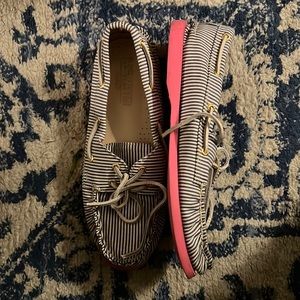 Sperry Topsiders Stripe Seersucker Blue/White and Hot Pink 9 Womens